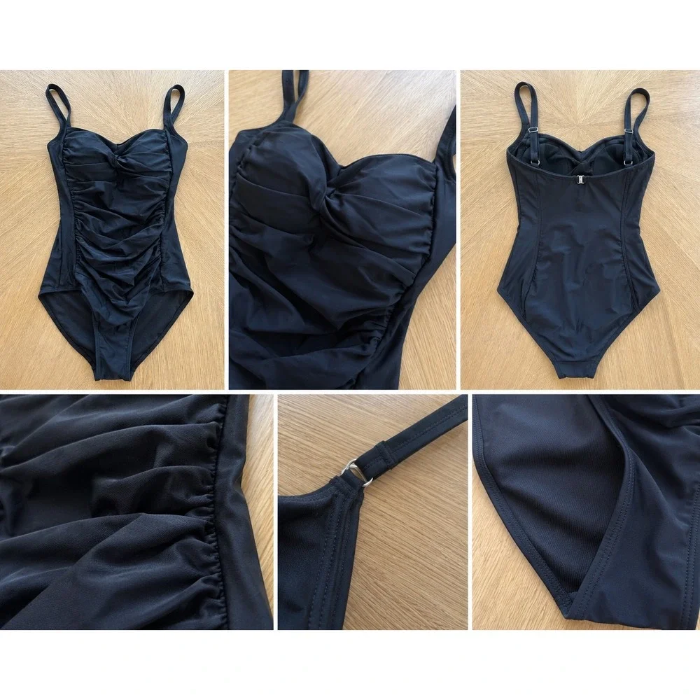 Ekouaer Womens One Piece Swimsuit XS Black Ruched Front Slimming Tummy Control‎